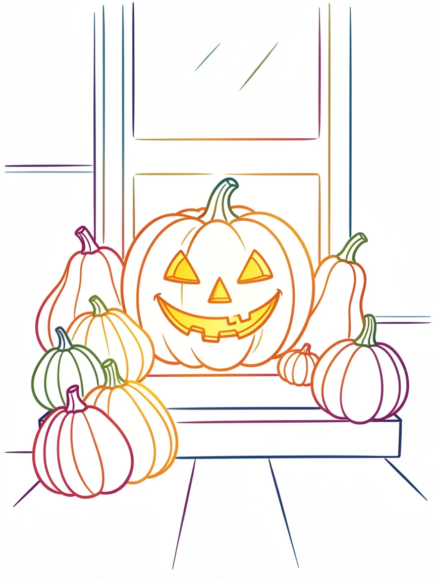 A jack-o'-lantern glowing on a porch step surrounded by autumn gourds.