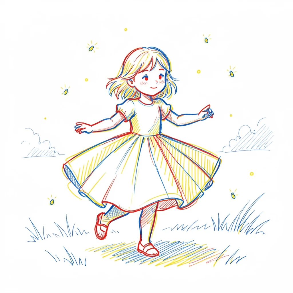 A little girl twirling in a puffy dress while chasing fireflies at dusk