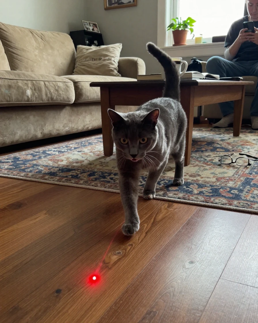A cat stalks a laser dot across an entire living room in dramatic fashion.