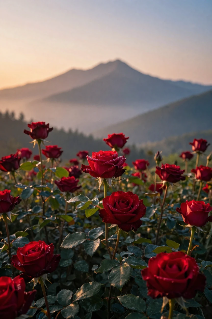 A bed of deep red roses framed by a distant mountain range