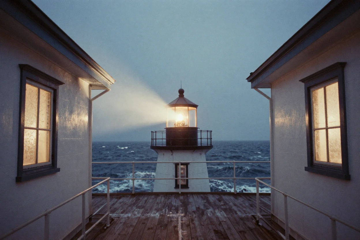 A lighthouse beam sweeping across a dark, restless sea, in low lamplight, on a clear, cloudless day, in the depths of winter, in cool blues and silvery greys, framed symmetrically down a long corridor.
