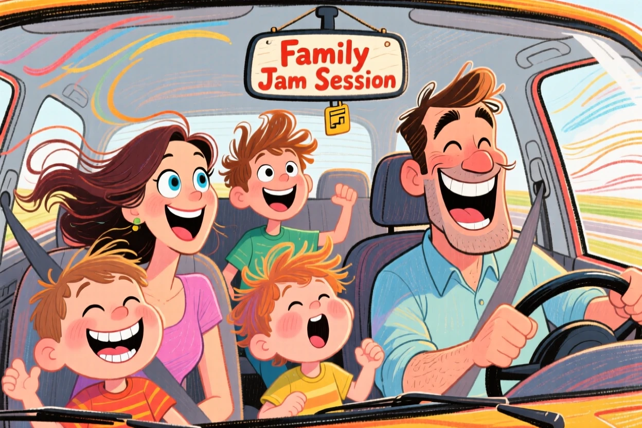 A family road trip with everyone singing along, windows down and hair blowing.