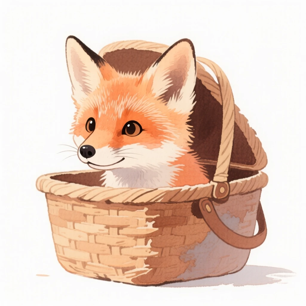A fox kit poking its nose out of a picnic basket