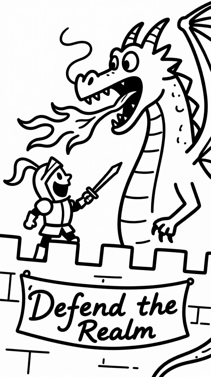 A brave knight facing off against a fire-breathing dragon atop a castle wall.