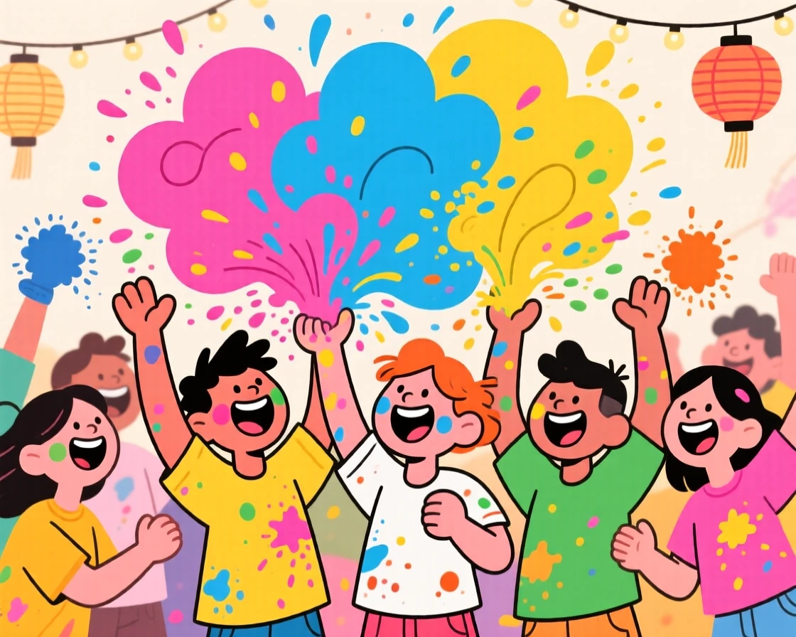 A festival of colors with people throwing bright powder into the air.