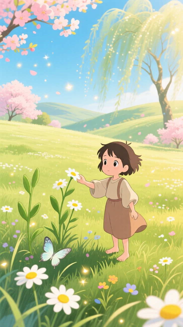 A spring scene of a meadow filled with fresh green shoots and scattered daisies, as small details of the season fill every corner.
