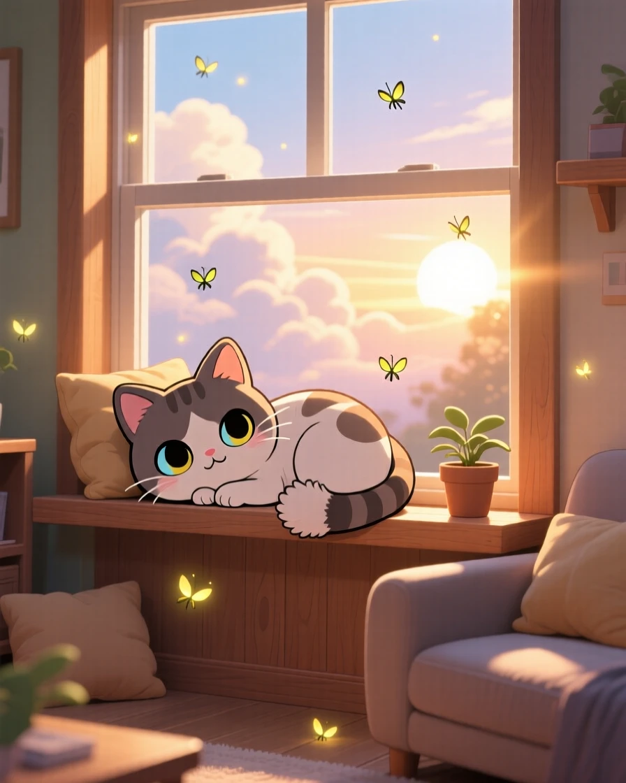 In a quiet cozy living room, a sleepy cat is curled up in a sunbeam on a windowsill as fireflies begin to glow at dusk, bathed in rays of sunrise breaking through clouds, expression full of playful mischief. Shot as a medium shot.
