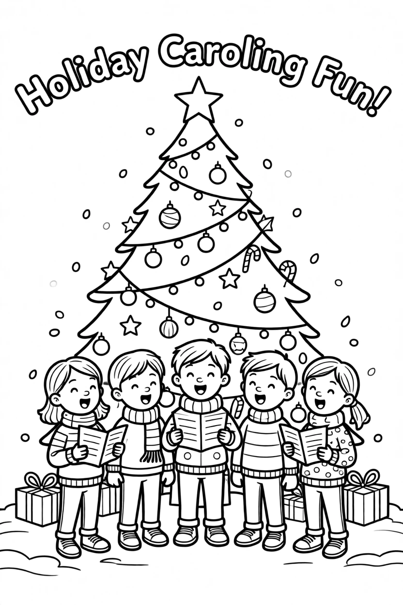 A holiday choir singing carols in front of a decorated tree