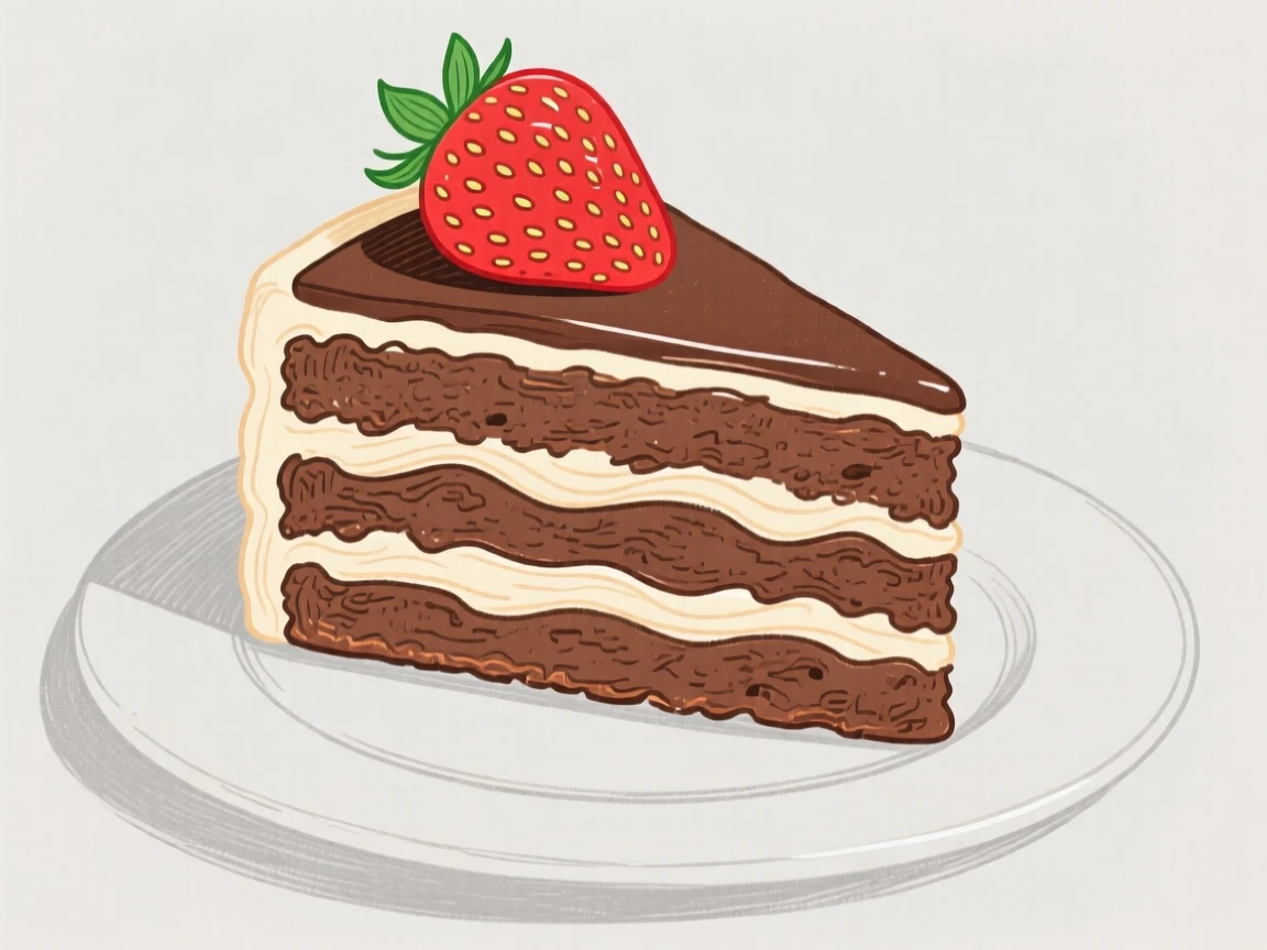 A slice of layered chocolate cake with a strawberry on top.