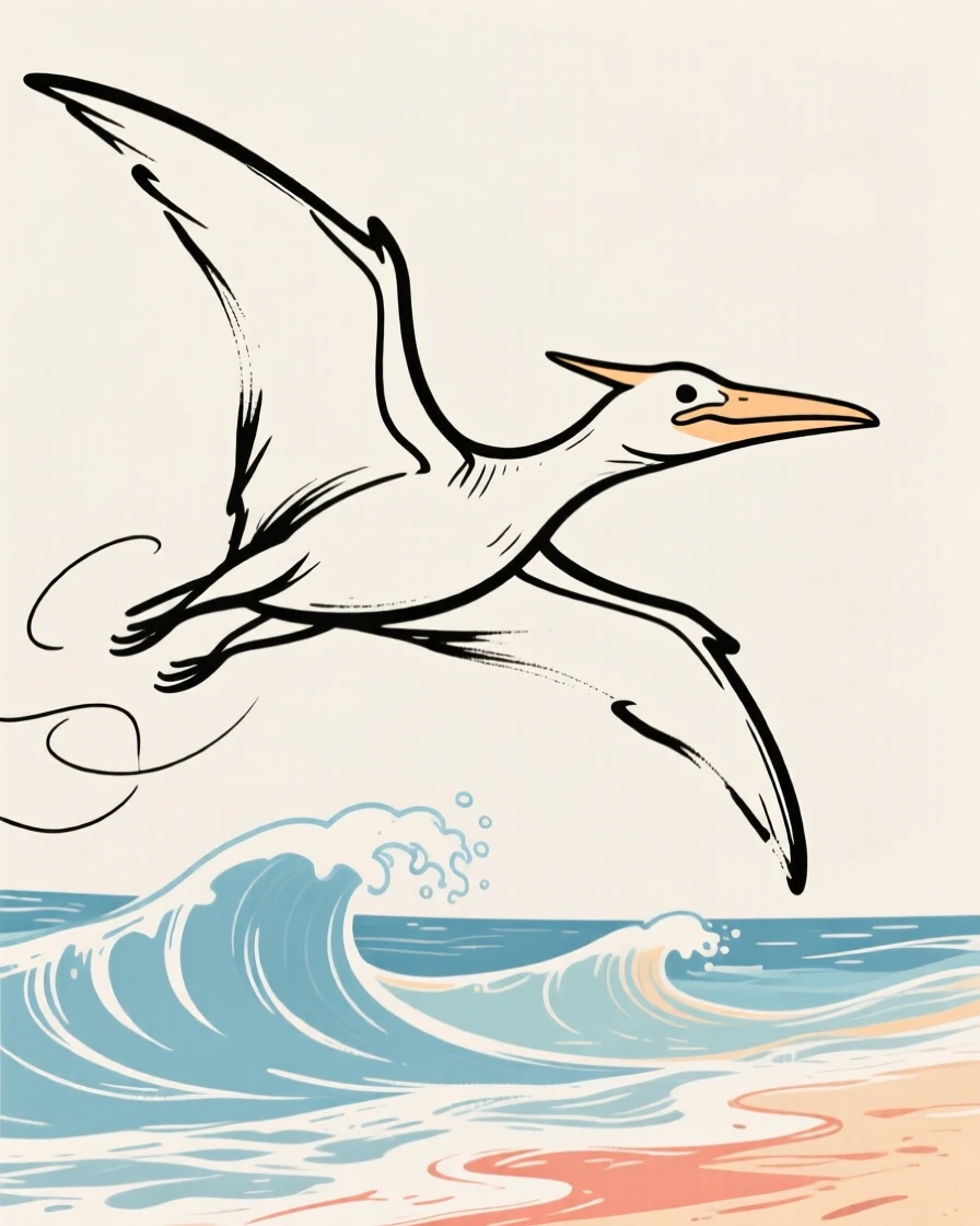 A Pteranodon gliding low over prehistoric ocean waves.