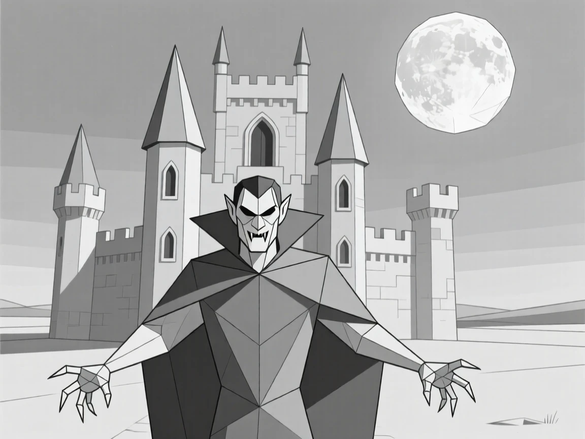 A vampire standing before a moonlit gothic castle