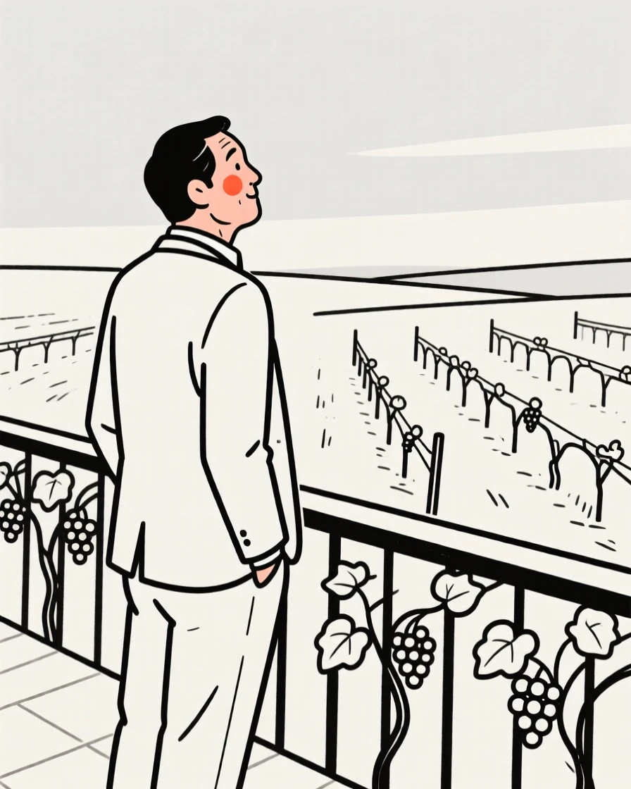 A middle-aged man in a tailored business suit, looking hopeful toward the horizon, on a vineyard terrace.