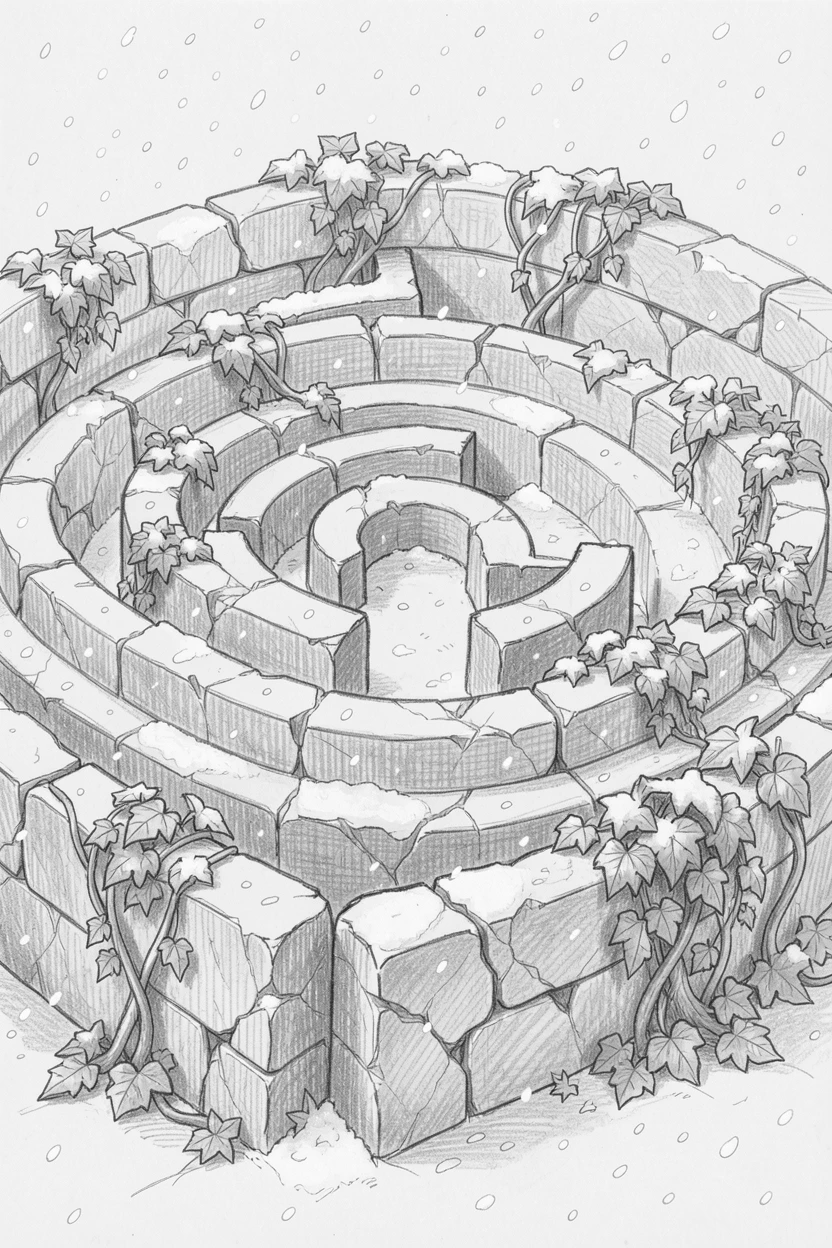 A labyrinth of ancient ruins in gentle falling snow, with lush ivy climbing the walls.