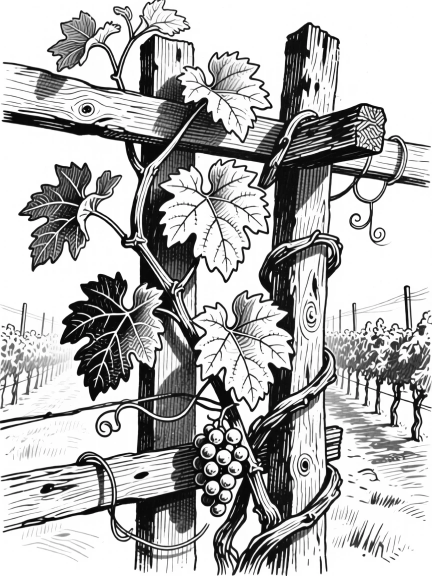 A vine of grape leaves curling around a wooden trellis in a vineyard.