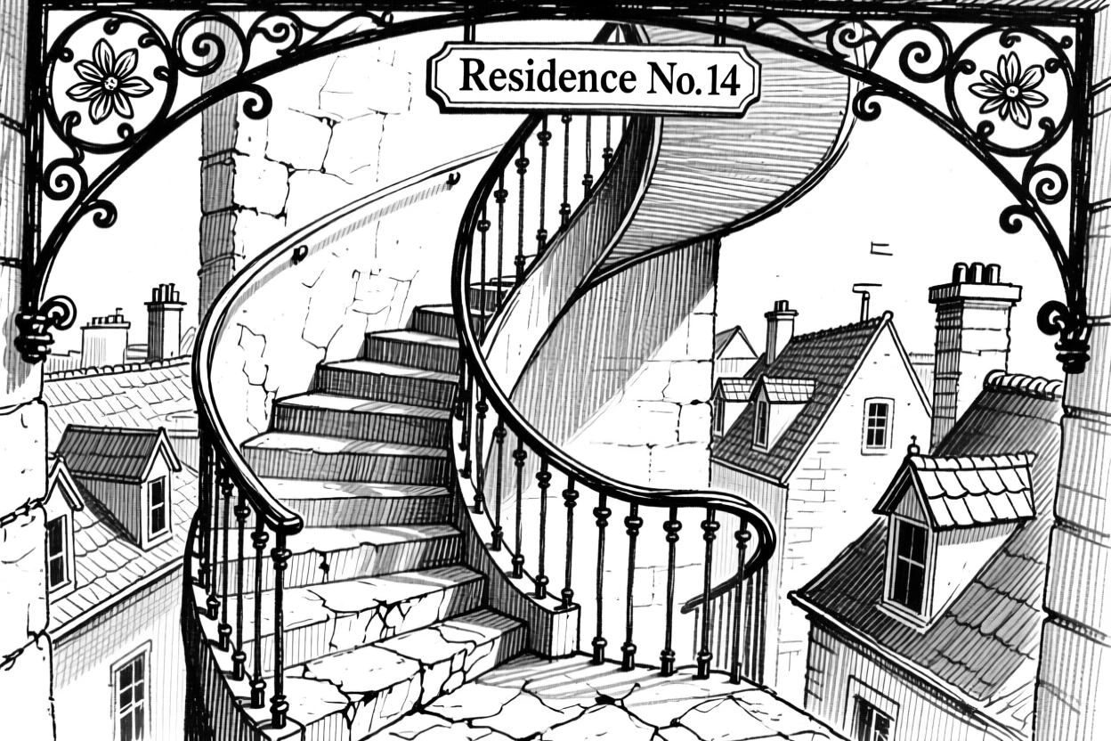 A sweeping spiral staircase framed by surrounding rooftops, featuring wrought-iron balconies overhead, rendered in an awe-inspiring architectural composition.