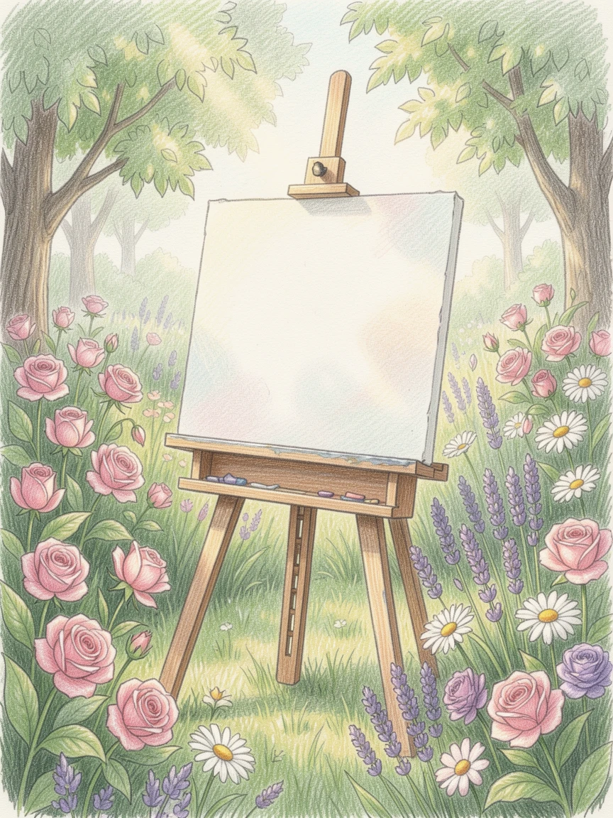 A painter's easel set up in a blooming garden, with warm natural light filling the scene, evoking mindfulness, patience, and simple contentment.