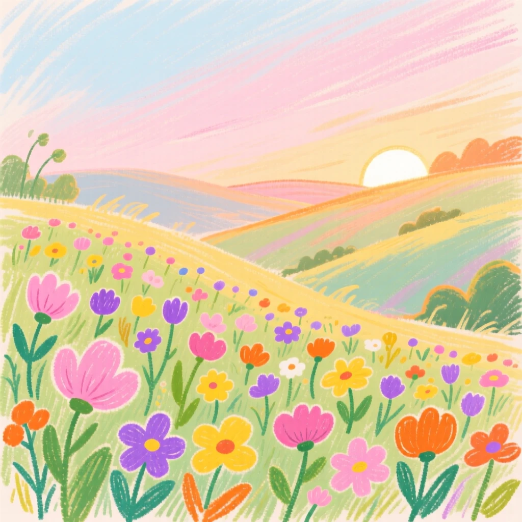 A view of a wildflower valley glowing under the soft light of sunrise.