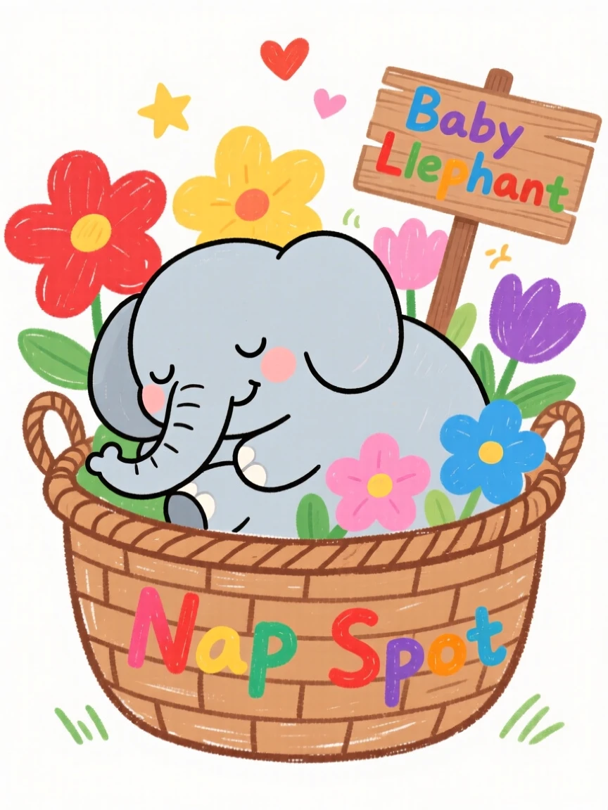 A baby elephant napping in a basket of soft flowers.