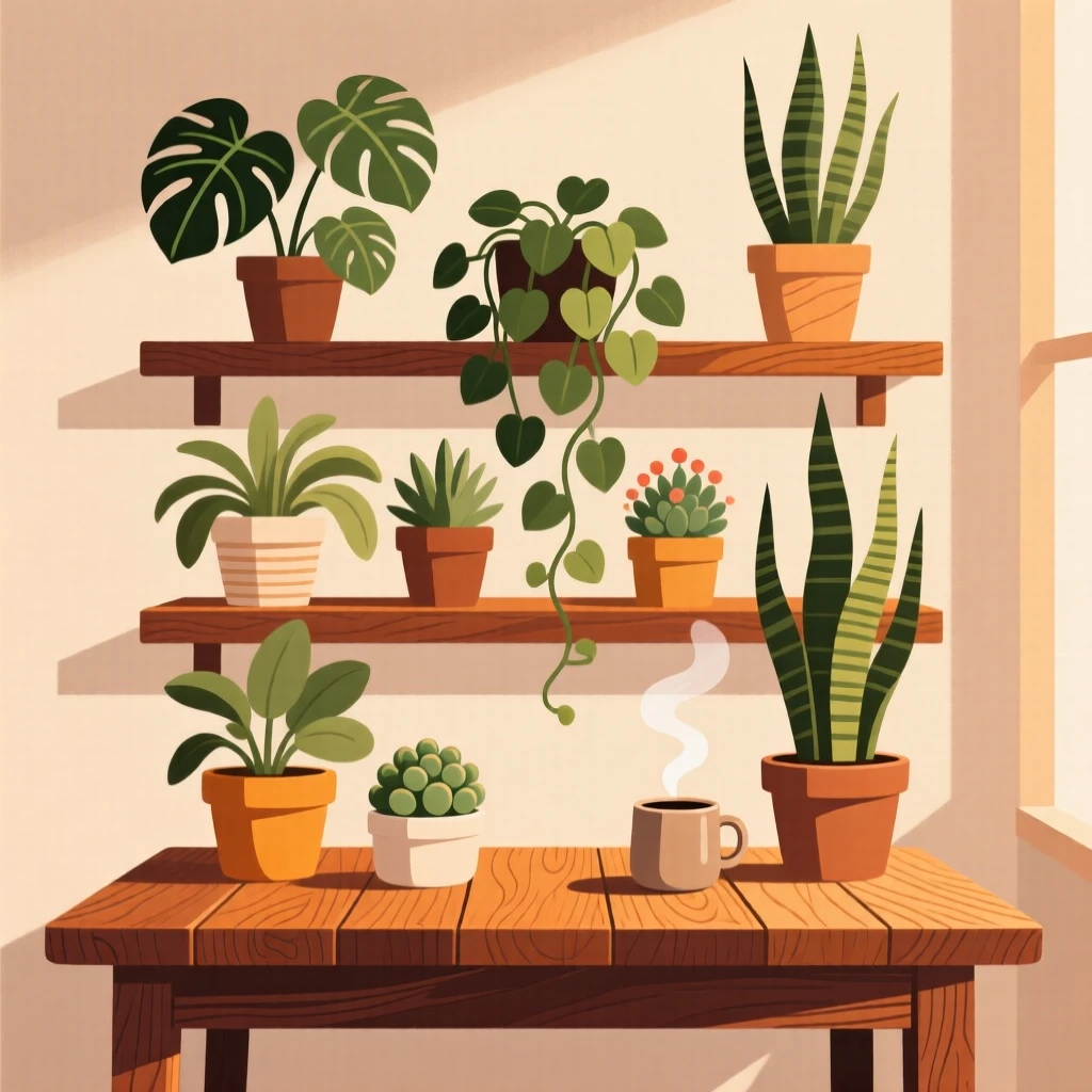 A collection of houseplants arranged on wooden shelves, placed on a rustic wooden table with warm tones, arranged with soft curves and gentle organic lines, with subtle steam rising to add a warm, lived-in feel.