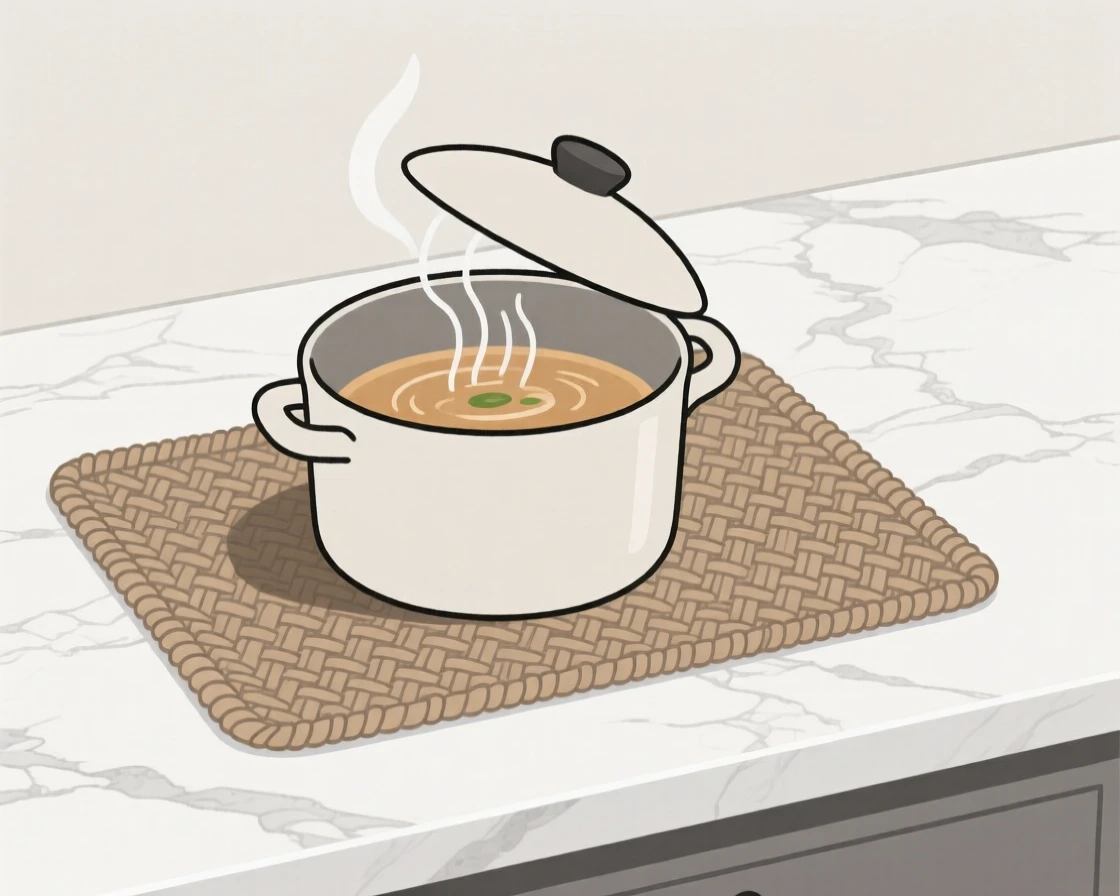 A homemade pot of simmering soup cooling near a woven placemat on a marble countertop, expressing homemade delight.