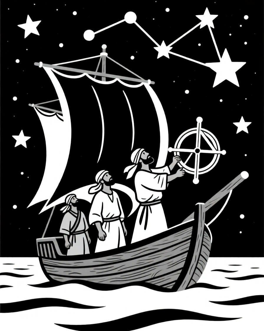 Ancient sailors navigating by the stars aboard a wooden ship.