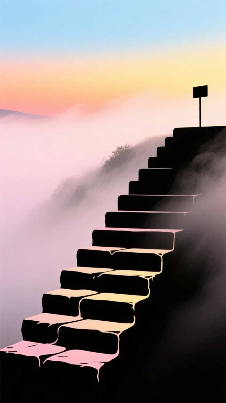 A single set of stone steps leading up into a bank of soft morning fog.