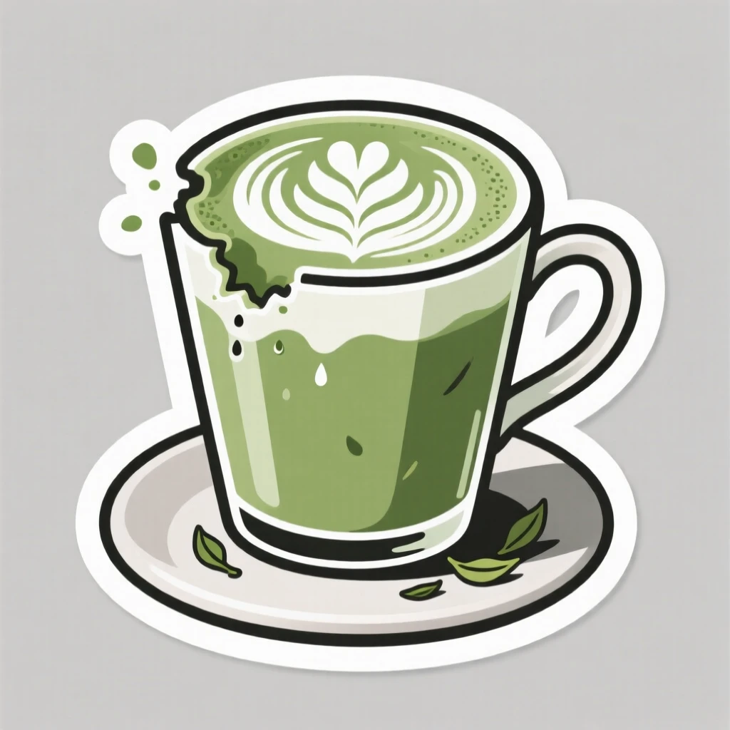 A cozy and comforting cup of iced matcha latte with latte art, with a bite already taken out of it, during a relaxing afternoon tea break.