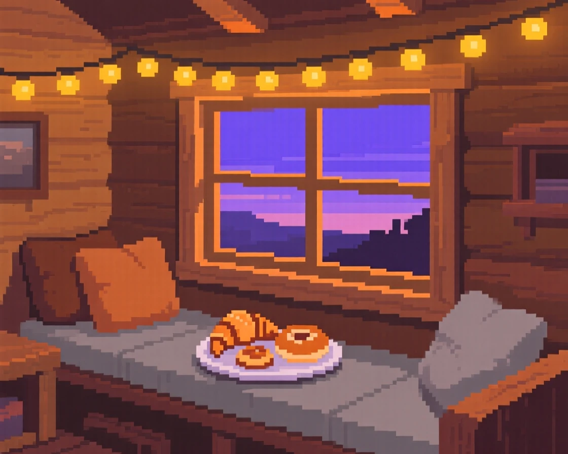 A window seat set with a plate of fresh pastries, within a cabin lit by string lights at dusk.