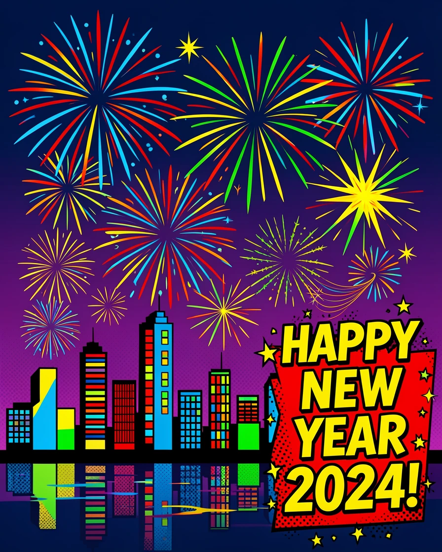 A dazzling fireworks display over a city skyline on New Year's Eve