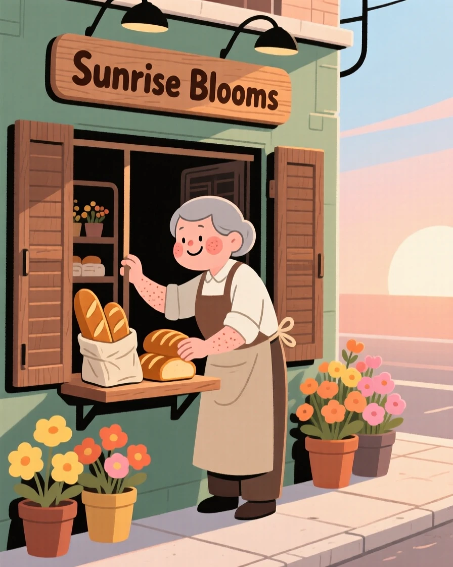 A shopkeeper opens the shutters of a small flower shop at dawn, arranging warm loaves of bread in the window as sunlight creeps across the sidewalk.