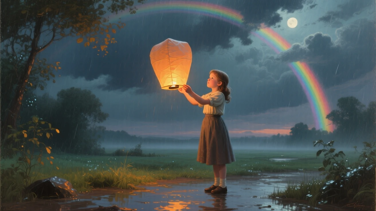 A medium shot of a young girl releasing a paper lantern into the night sky, in the mid-20th century, under a rainbow after a storm.