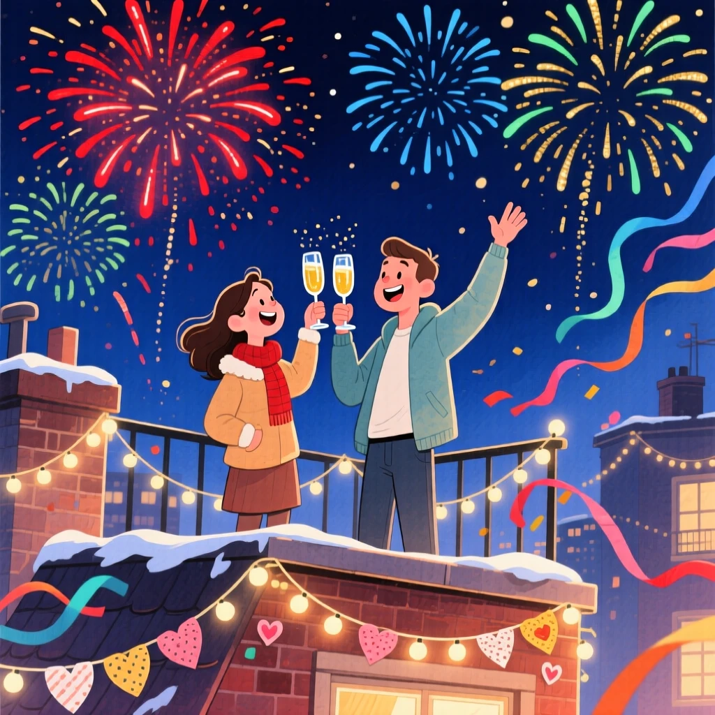 A couple toasting champagne at midnight on New Year's Eve, in a rooftop lit by fireworks against the night sky, with handmade decorations crafted with love, evoking hopeful excitement for a new beginning.