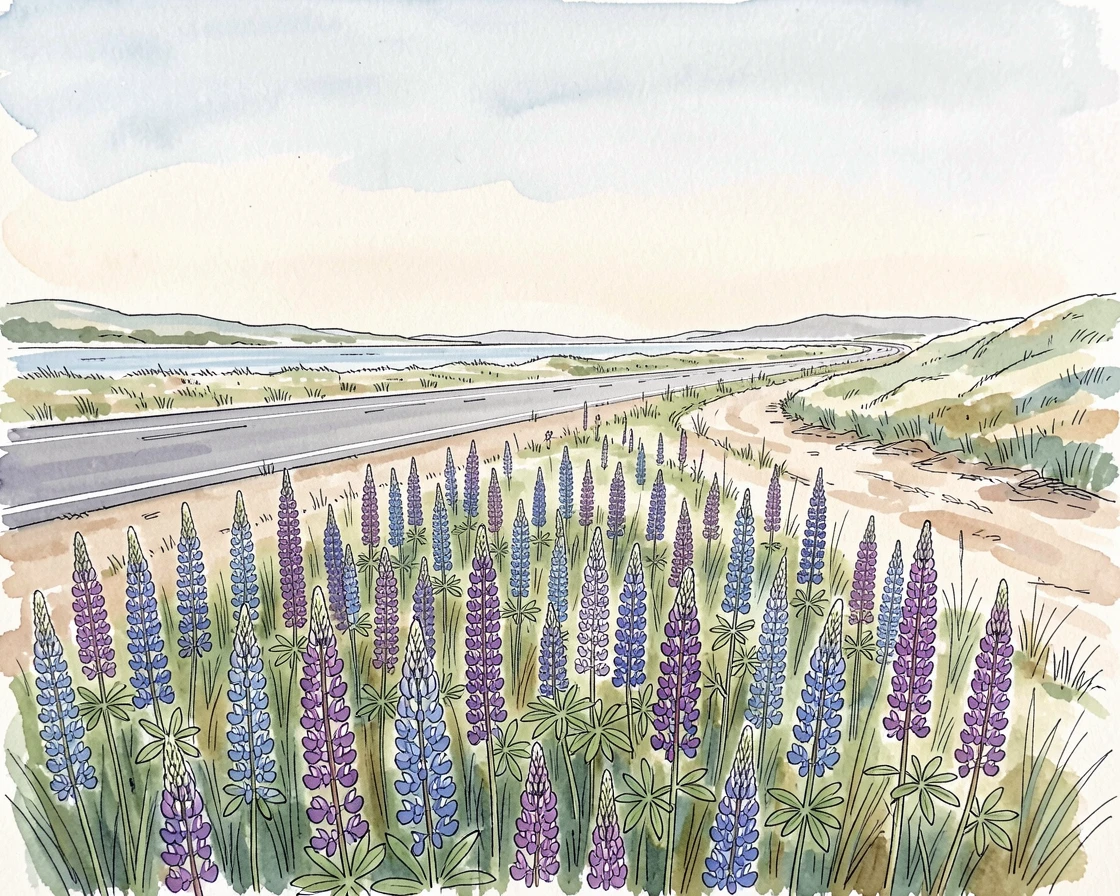 A field of wild lupine stretching along a coastal highway, a sense of calm and vastness filling the open space.