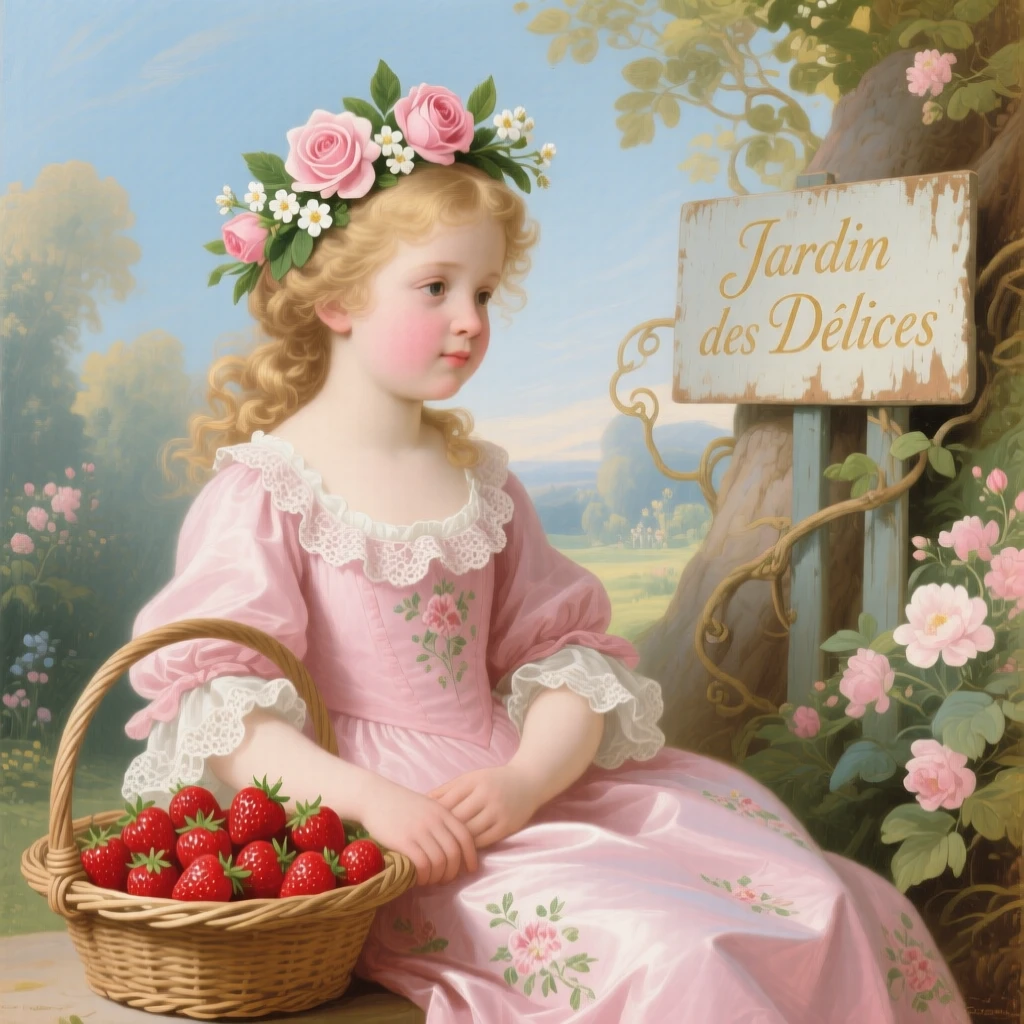 A little girl wearing a flower crown beside a basket of strawberries  