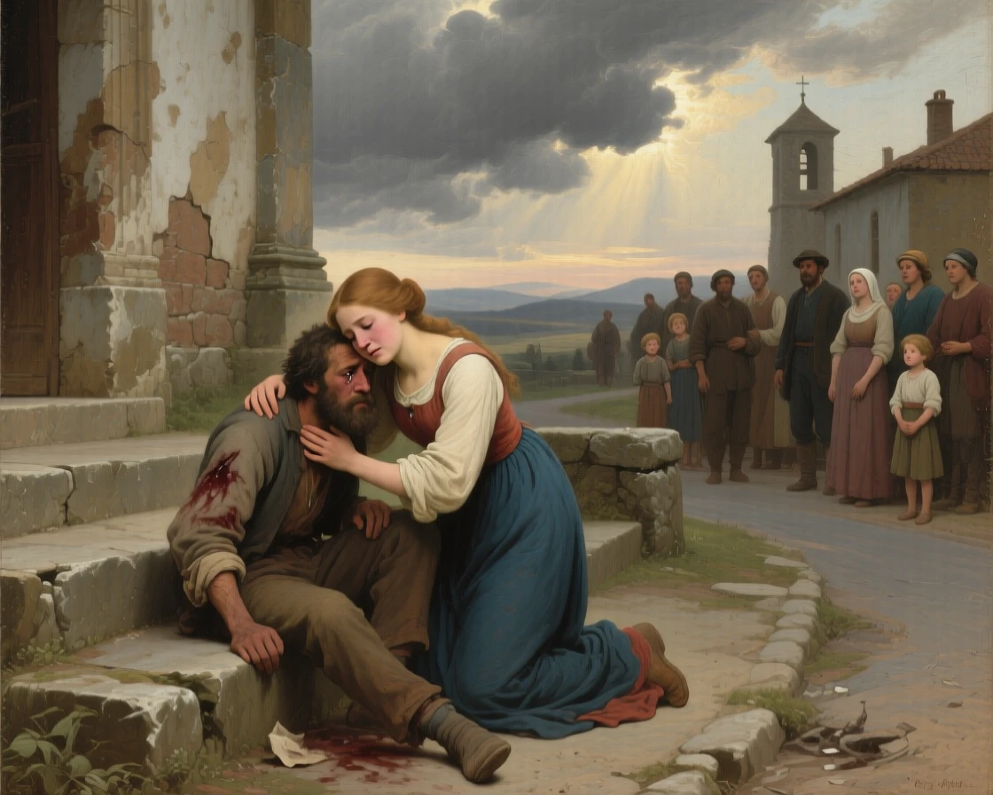 A young woman comforting an injured stranger by the roadside as tears and gratitude mix in equal measure, set on the worn steps of a village church, with storm clouds parting just behind the embracing figures; the surrounding onlookers form a soft frame around the emotional core, radiating hope restored after long hardship.