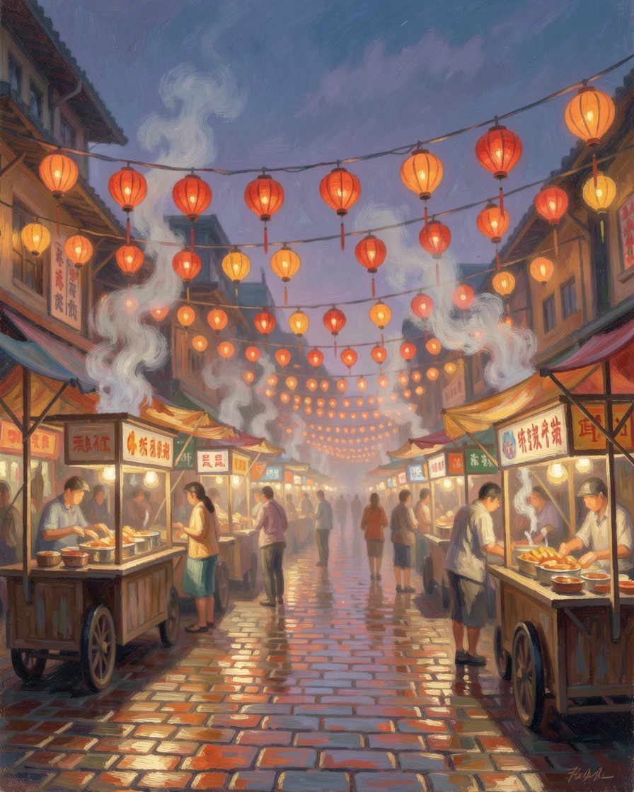 A lantern-lit night market in Taipei, steam rising from food stalls beneath strings of red lanterns.