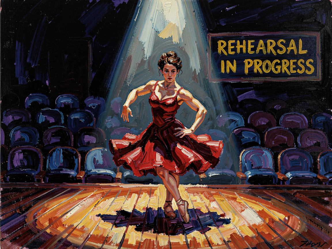 A determined dancer rehearsing alone in an empty theater, spotlight cutting through the dark.