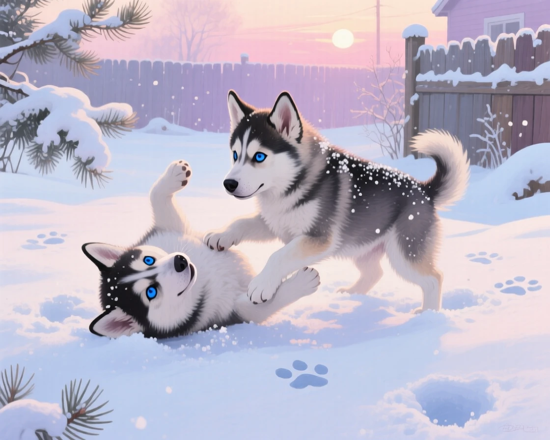 A pair of husky puppies wrestle playfully in fresh snow, their thick fur dusted white as they tumble across a frosty backyard at dawn, its expression conveying a quiet intelligence as it surveys the world around it.