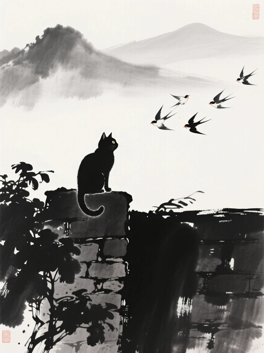 A cat watches birds from atop a garden wall, with mountains visible faintly beyond the garden wall.
