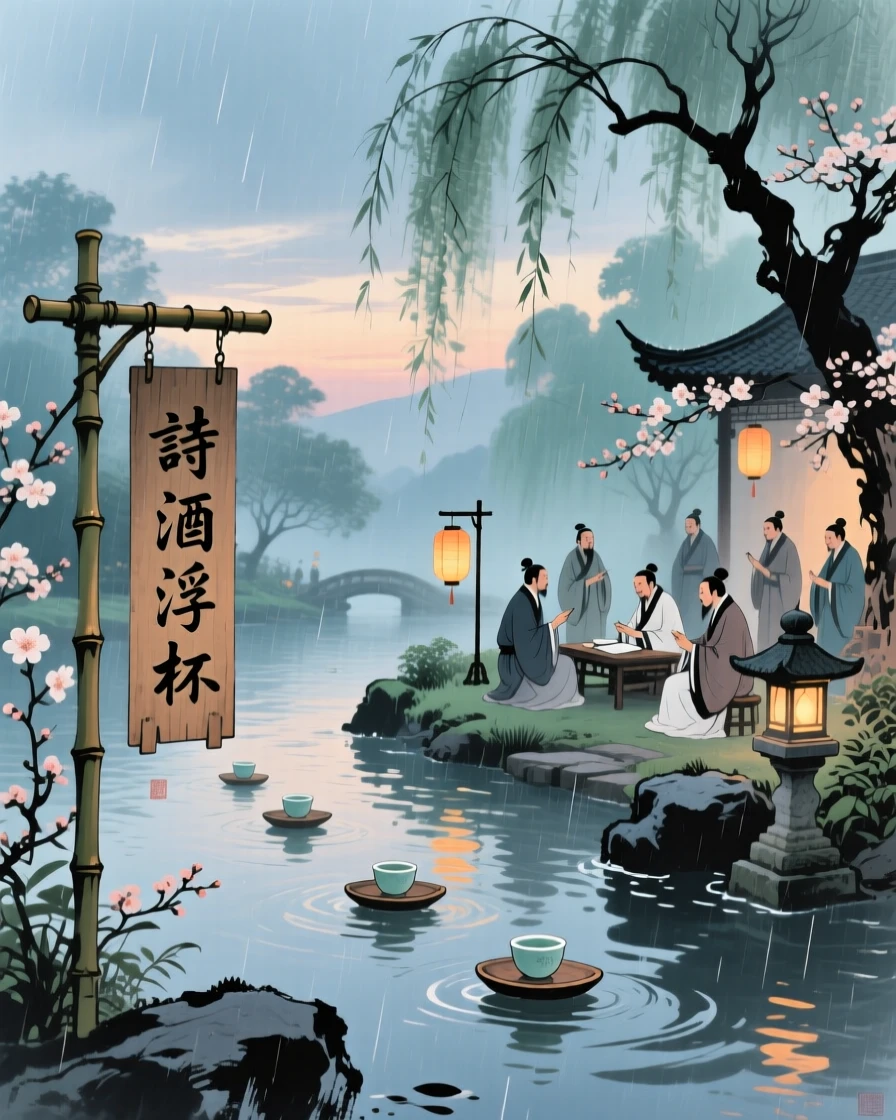 An ancient scholar's garden party with guests composing poems on floating cups, as lanterns are lit for the evening, beneath a sky washed clean by rain, touched with gentle melancholy.