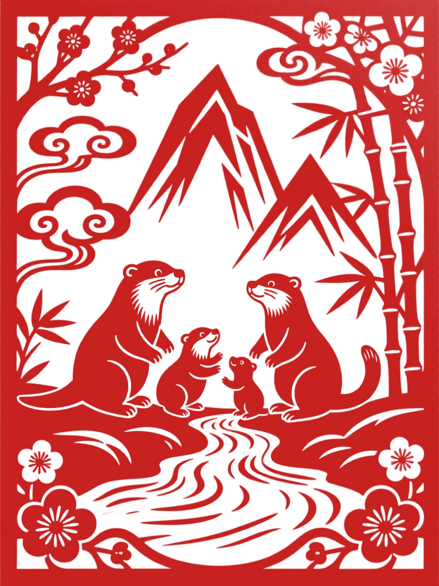 A family of otters, playing beside a mountain stream, framed by drifting clouds and soft morning light.