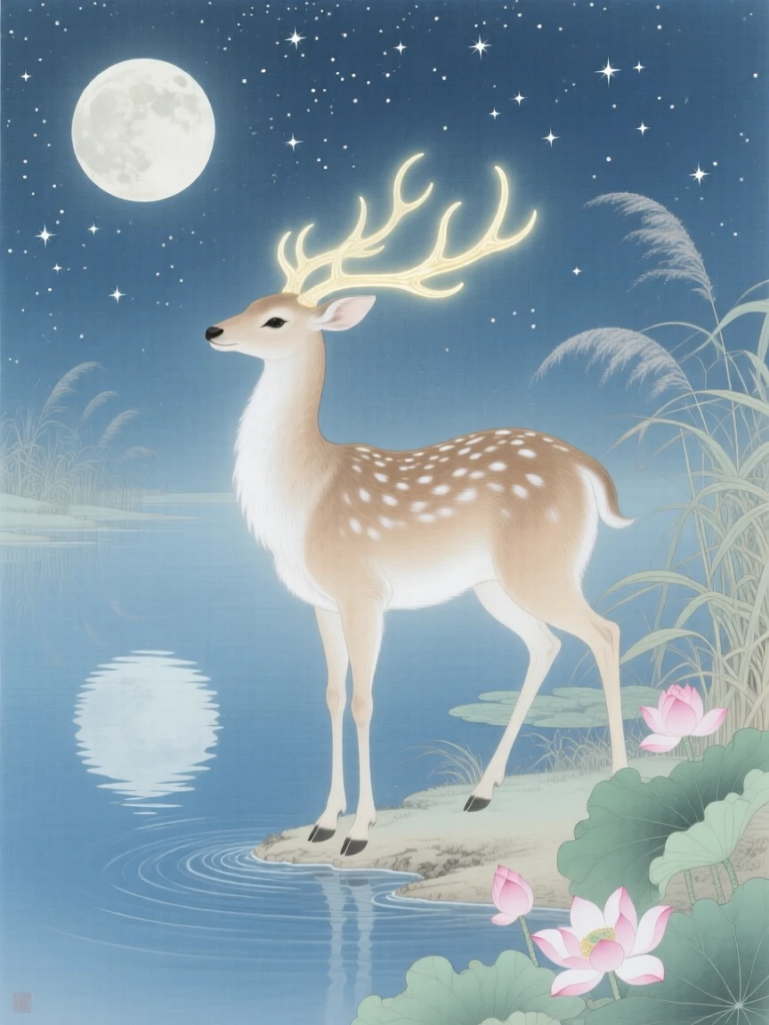 A starlit deer-like beast with softly glowing antlers over a calm lake reflecting the full moon