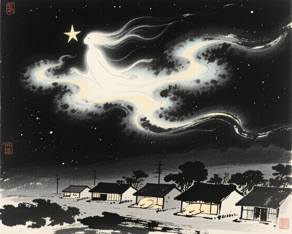 A star-spirit drifting above a sleeping village within a swirl of luminous cloud, balanced with soft negative space around the central figure, conveying graceful power and serene majesty.