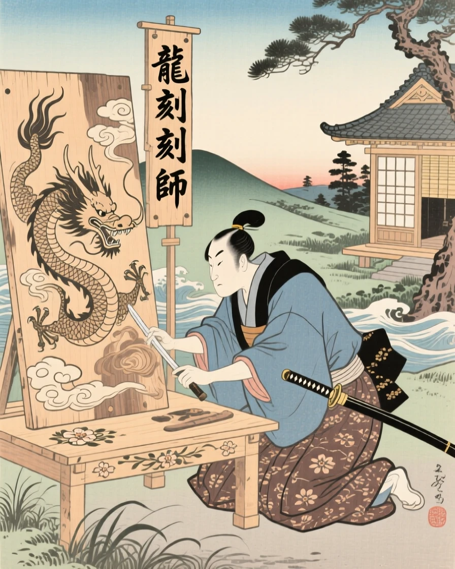 A swordsman carving an intricate dragon into a wooden panel.