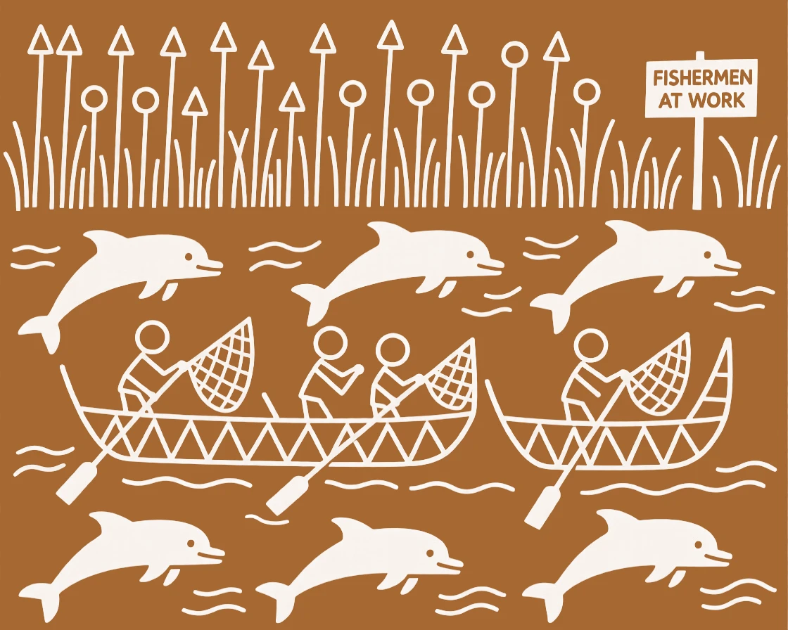 A group of fishermen's boats surrounded by dolphins crossing a field of tall grass.