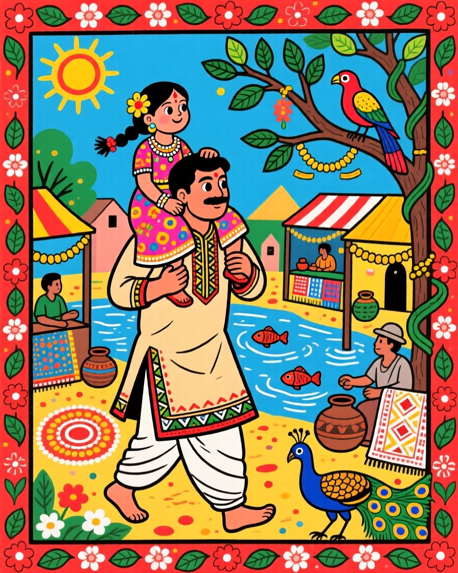A father carrying his daughter on his shoulders through a village fair.