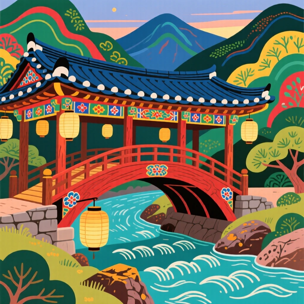 A covered wooden bridge over a mountain stream as lanterns are lit for the evening.