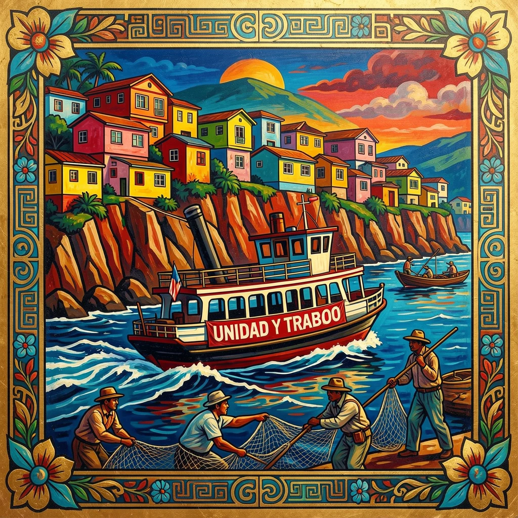 A ferry gliding past colorful cliffside houses