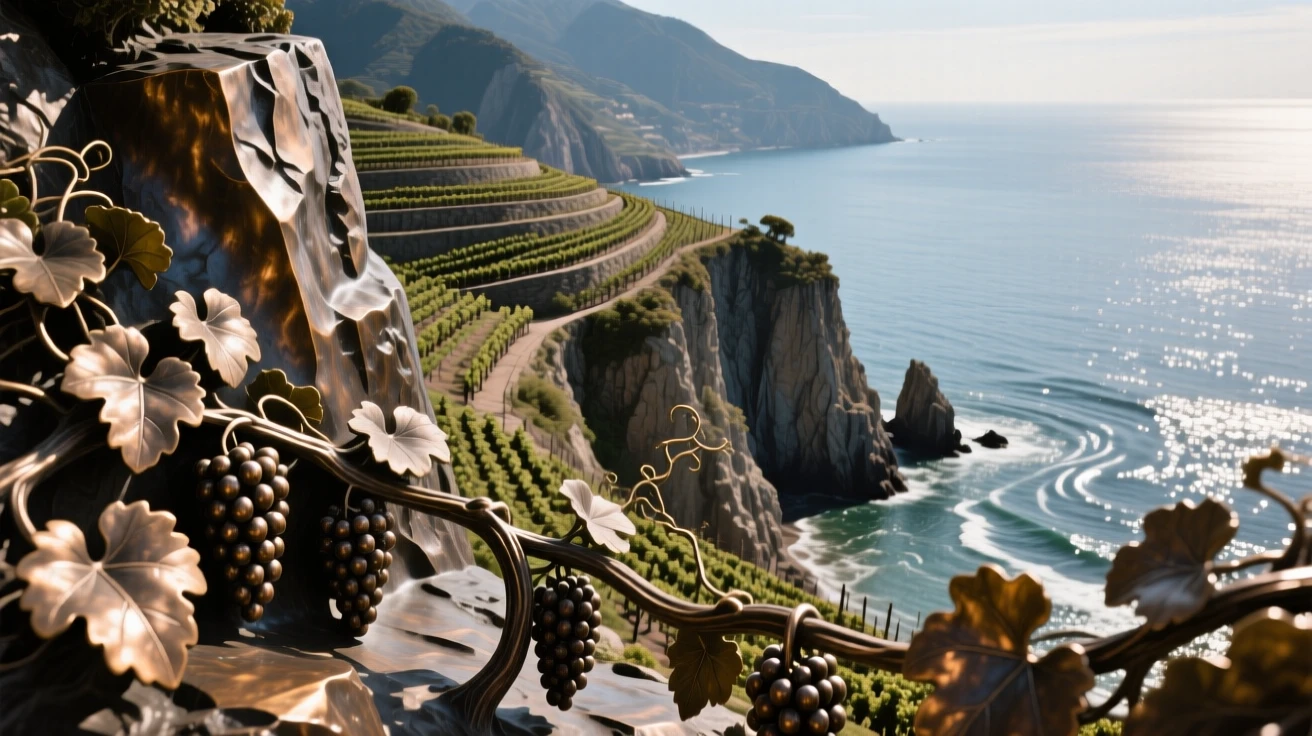 A dramatic cliffside vineyard overlooking a sparkling sea, with dramatic natural lighting and rich color, offering a breathtaking sense of place