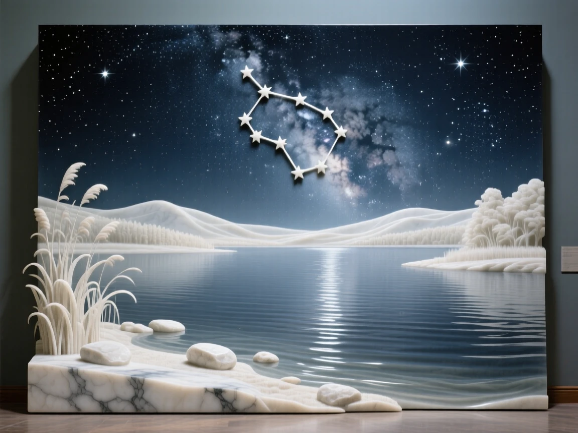 A breathtaking view of a starlit sky above a quiet lake, rich with color and atmosphere, evoking peace and wonder
